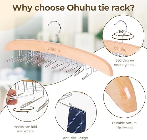 Miniatura 4 de Percha para corbata para armario Ohuhu 2 paquetes de 24 ganchos plegables para hombres, organizador de corbatas de madera, ahorro de espacio,