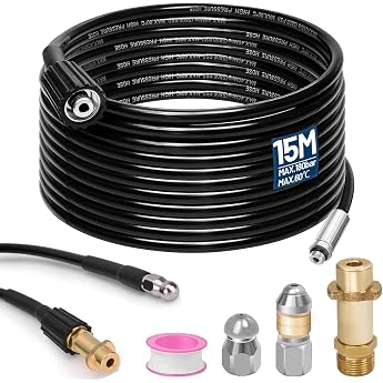 Pipe Cleaning Hose 15 m with M22 Adapter Nozzles Rigid + Rotating 180 Bar 60  C Pipe Cleaning Set Suitable for Kr nzle K rcher K2-K7 Pressure Washer High Pressure Hose