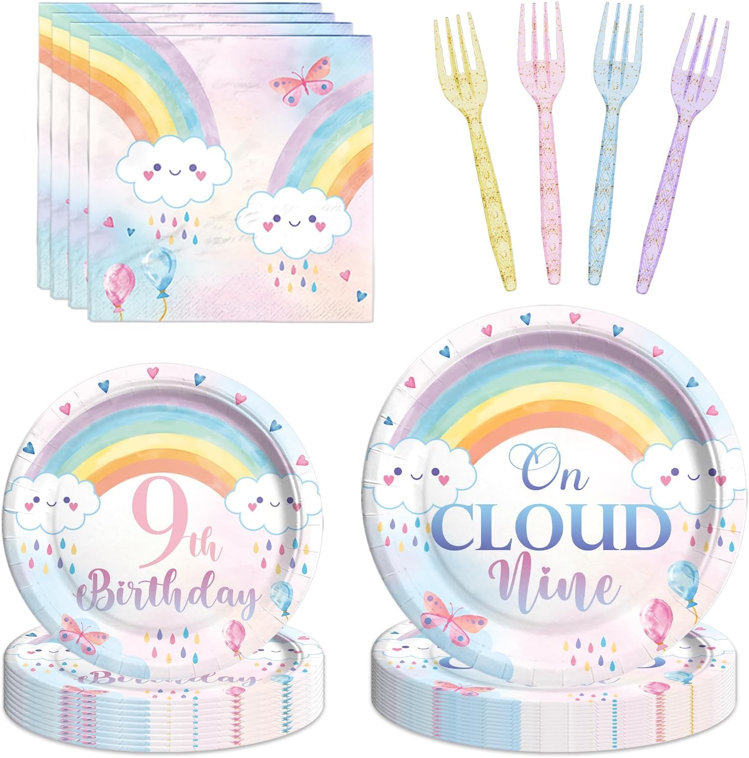 On Cloud Nine 9th Birthday Party Supplies – 97 Pcs Rainbow Cloud 9 Birthday Decorations with Rainbow Plates, Disposable Napkins, Purple & Blue & Pink & Yellow Forks for Girls, Serves 24