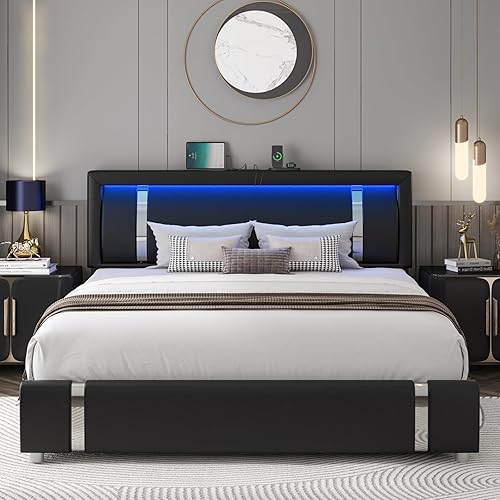 Miniatura 3 de Base de cama de tamaño matrimonial con cabecero de luces LED RGB y 2 cajones de almacenamiento, moderna plataforma inteligente tapizada de piel