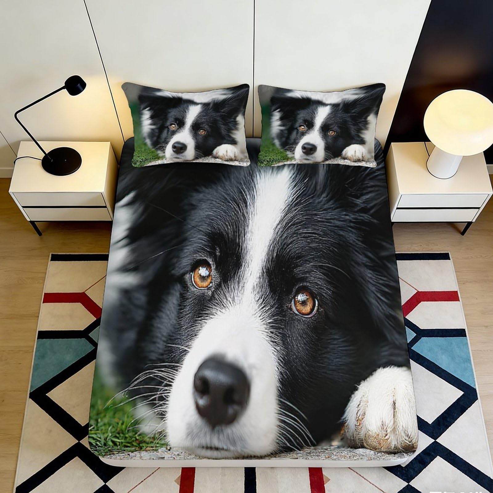 3D Printed Border Collie Fitted Sheet Microfiber Soft Breathable Dog Face Bed Cover for Bedroom Guest Room Decor 90x200x25cm