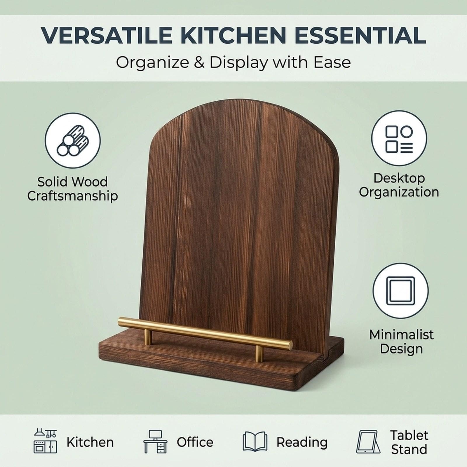 Buchständer Aus Holz mit Metallstopper Vorne. Vielseitiges Servierbrett, Ideal Zum Lesen Und Zum Einfachen Ordnen von Rezepten.