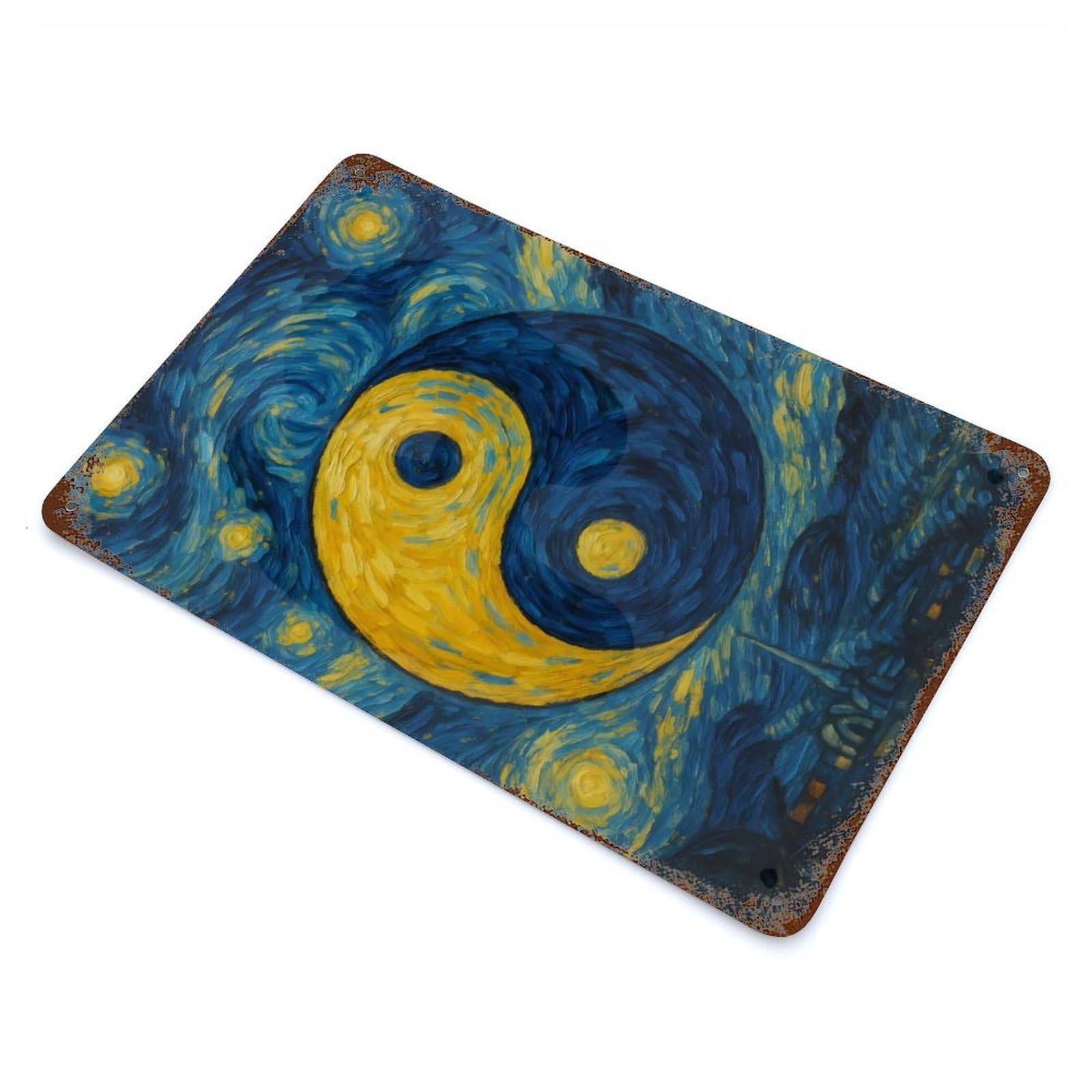 Vintage Rust Metal Sign Yin Yang Starry Night Painting 11.8"x7.9", Shabby Chic Decor for Cafe, Home Bar And Lounge Decor