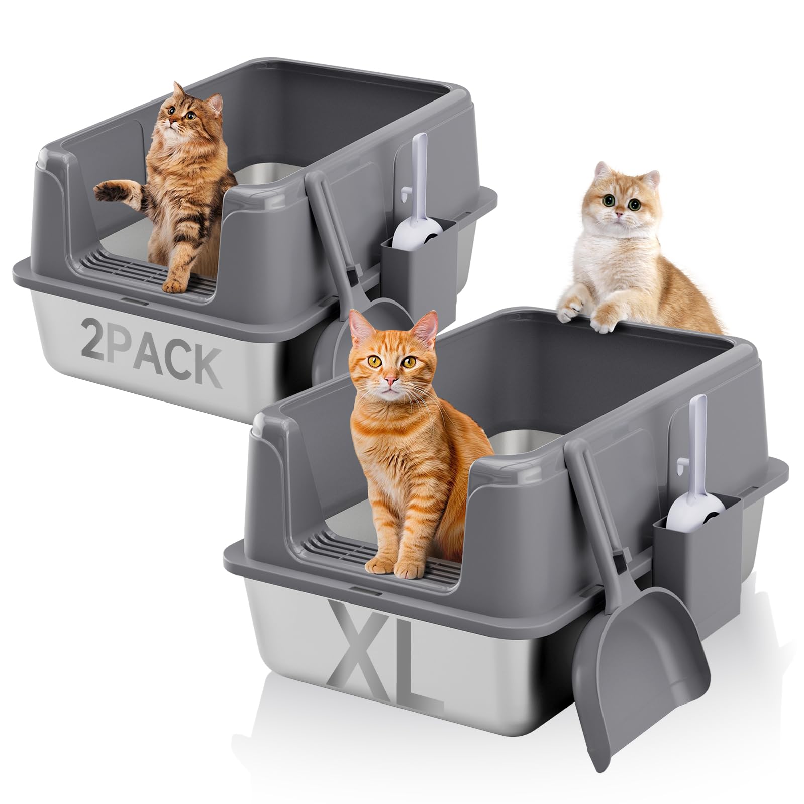 KISENG 2 Pack Stainless Steel Litter Box, XL Enclosed Cat Litter Boxes, Metal Litter Pan with High Sides Odor Free Non Sticky Easy Cleaning, Grey