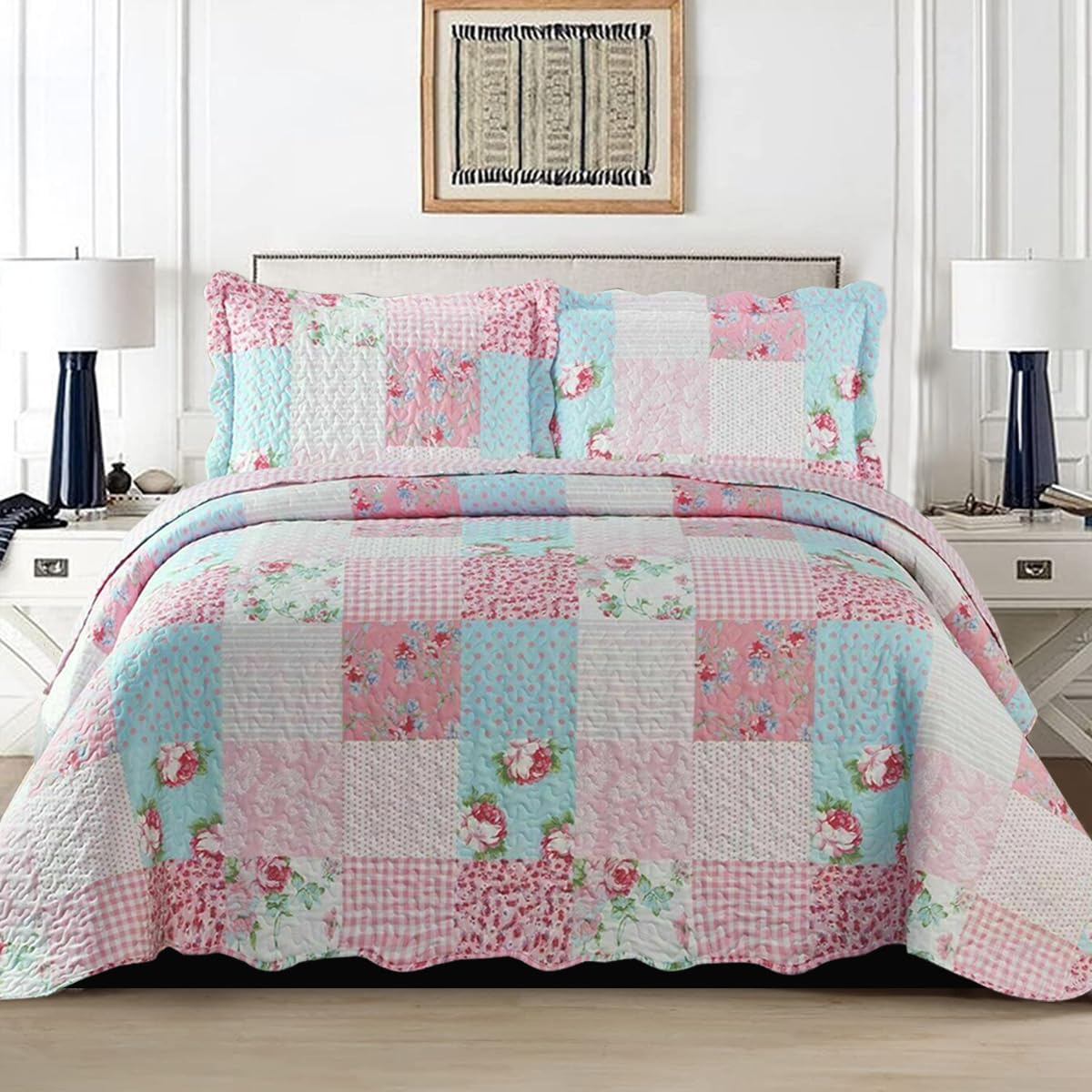3 PCS Patchwork Bedspread Quilted Bed Throw Single Double King Size Bedding Set (Floral Pink, Super King Size Bedspread Set) — image 1
