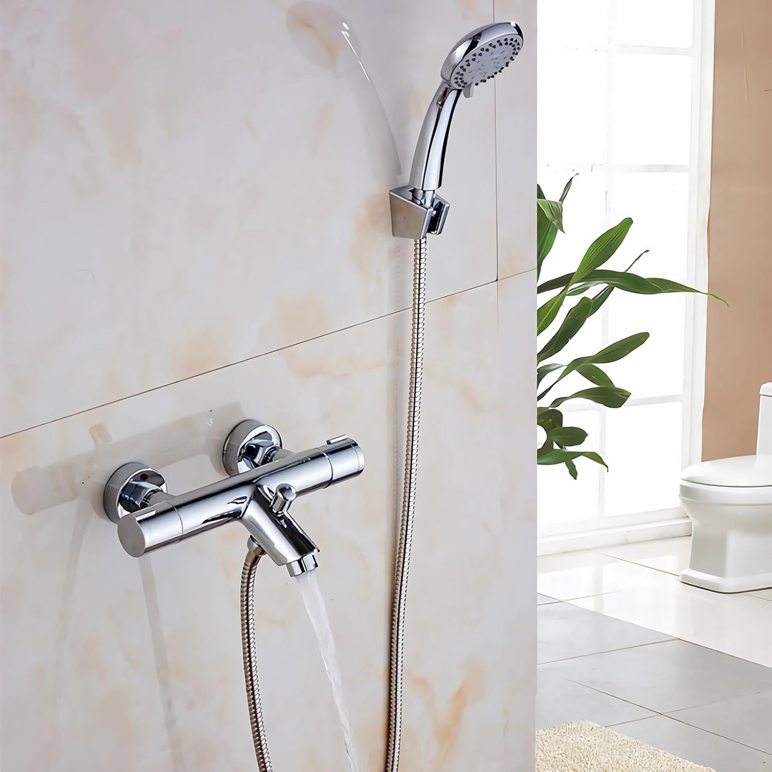 Silver Wall Mount Thermo Shower Mixer Faucet with Handle Thermostatic Valve