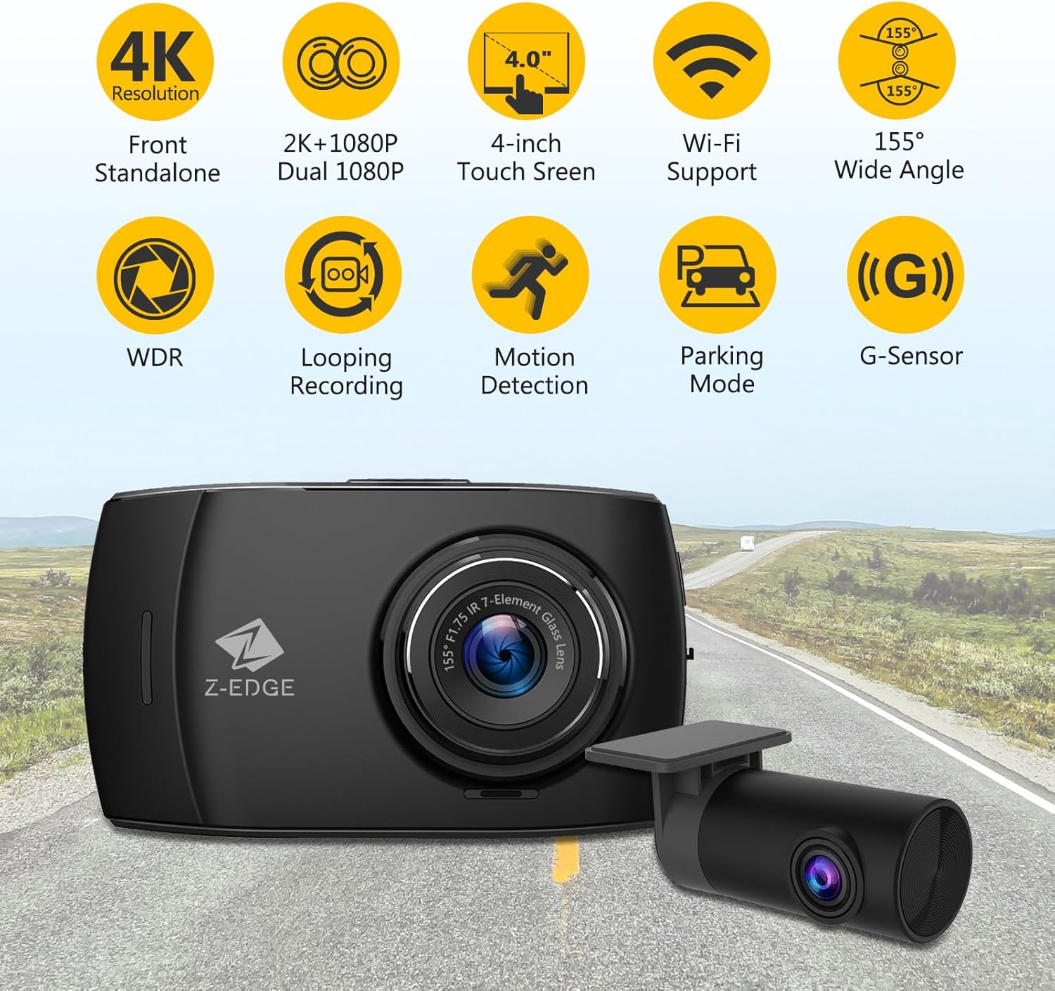 Z-Edge Dual Dash Cam 4.0" Touch Screen Front and Rear Dash Cam FHD 1080P with Night Mode, 32GB Card Included,155 Dree Wide Angle, WDR, G-Sensor, Loop Recording, Support 256GB Max | 32GB | 1080P 2026 - view 2