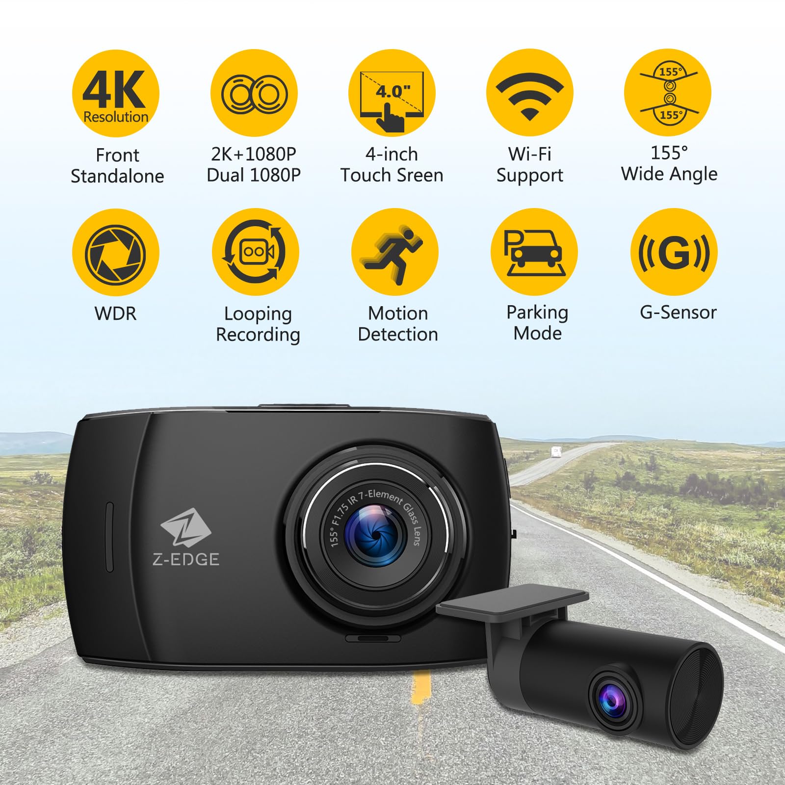 Z-Edge Dash Cam 2K+1080p Doppia | WiFi GPS Integrato | 2,7'' 155° | Supporto 256GB