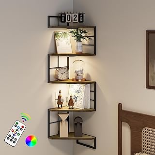 Floating Corner Shelves with Light - 5 Tiers Metal Corner Shelf Wall Mou...