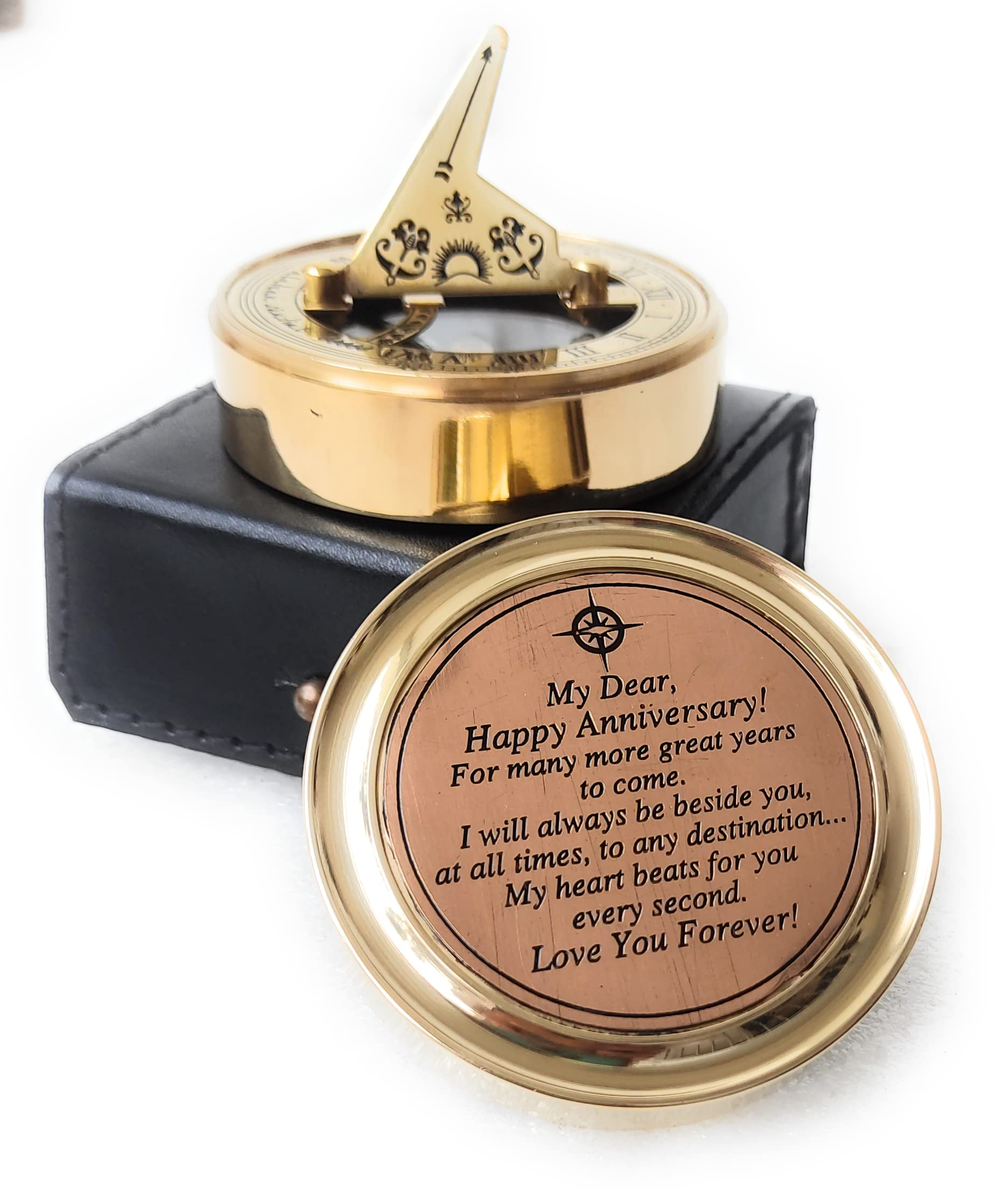 Gift for Husband Anniversary Brass Sundial Compass | Engraved Greeting - Wedding Aniversity Gifts for Men - Boyfriend Husband Gift idea from Wife Girlfriend Valentine Christmas