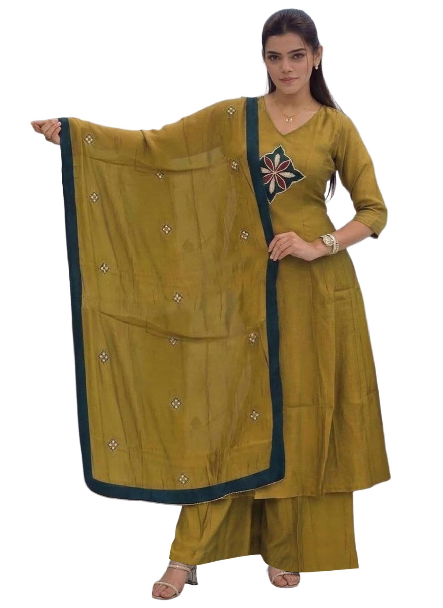 anni designer Kurta Sets for Women Viscose Embroidered | Kurti Set for Woman | Kurta Palazzo Dupatta Set | Straight Kurti | V Neck Full Sleeve Suit Set for Women Stylish Ethnic Outfit Clothing-picture-31