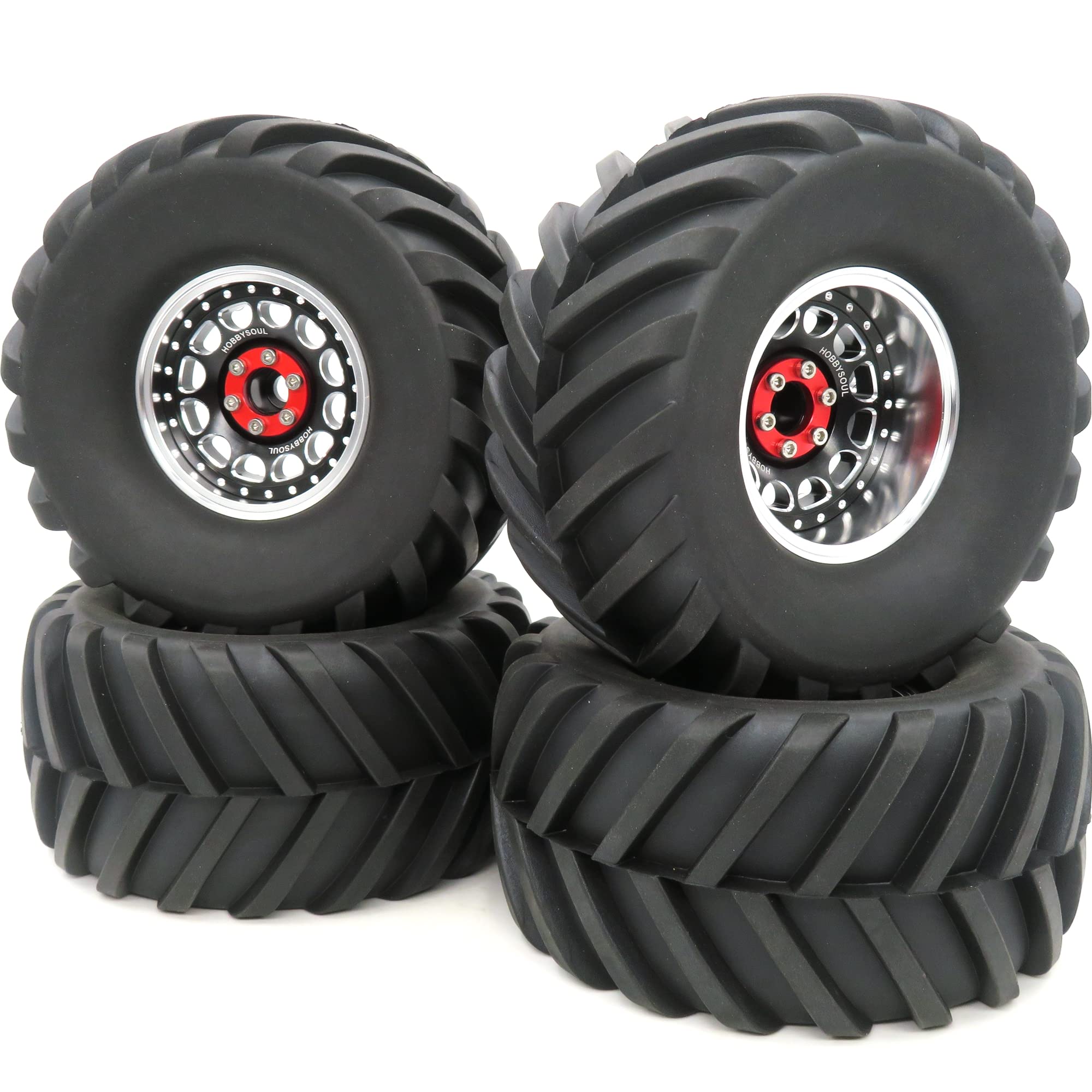 HOBBYSOUL Adjustable 4 Offsets 2.2 Beadlock Wheels and Tires, Silver Black 2.2 Rims and Tires Height 5.12'' / 130mm Fit for RC Mud Crawler Trail Tractor Axial Capra Wraith, (4-Pack, Assembled)