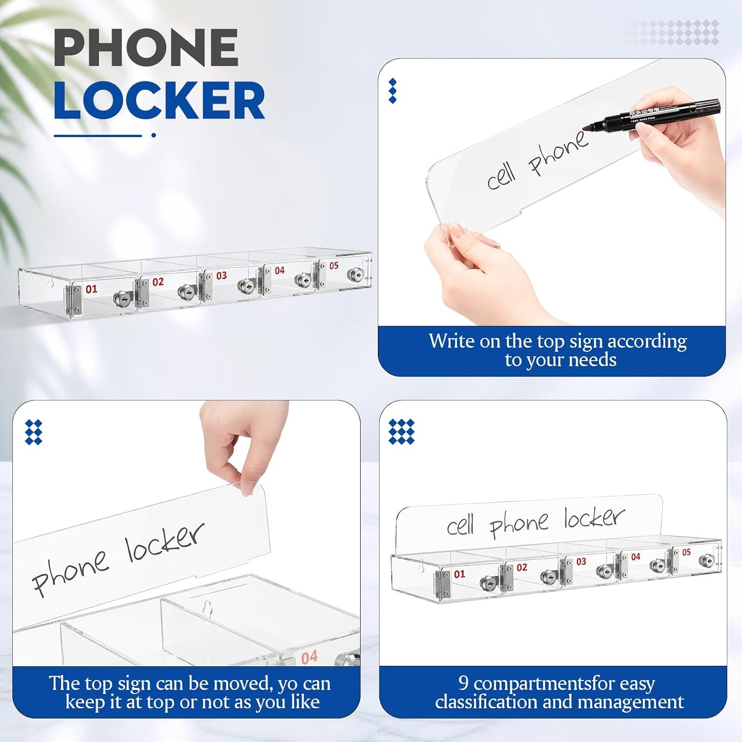 Threan 5 Slots Cell Phone Locker Box for Classroom with Door Locks and Keys Clear Acrylic Phone Jail Storage Cabinet Wall Mounted for School Factory Office
