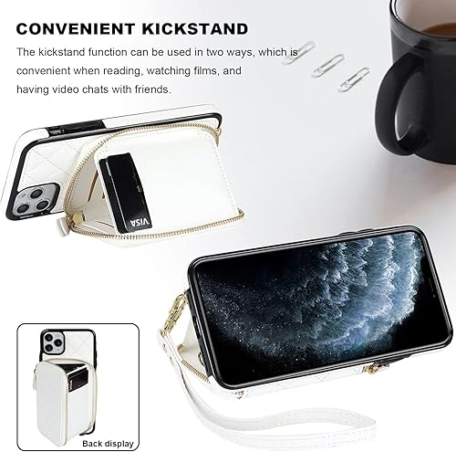 Miniatura 5 de Bocasal Funda tipo cartera cruzada para iPhone 11 Pro Max, con bloqueo RFID, de piel sintética, con cremallera, funda tipo cartera con función atril