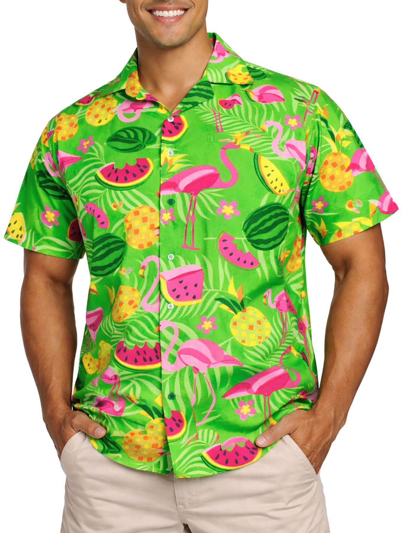 King Kameha Men's Green - Flamingo Melon Hawaiian Shirt For – Tropical ’S Hawaiian Shirt Short Sleeve, Flamingo Melon, Green, 6XL