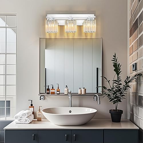 Miniatura 2 de Lámpara de baño de cristal, iluminación cromada de 3 luces sobre espejo con pantallas de cristal, moderna lámpara de tocador de baño para baño,