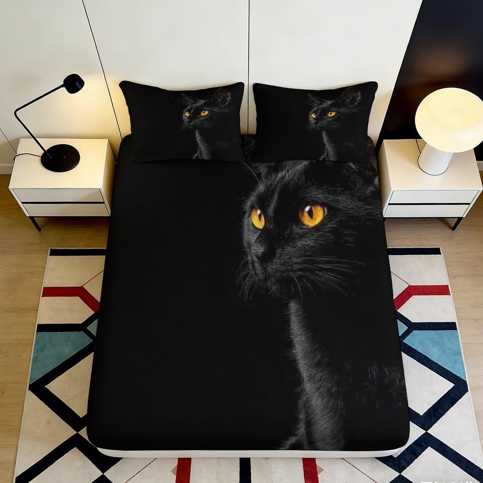 3D Printed Black Cat Fitted Sheet Microfiber Soft Mattress Cover for Bedroom Decor, Dorm, Guest Room, Dustproof Washable 90x200x25cm