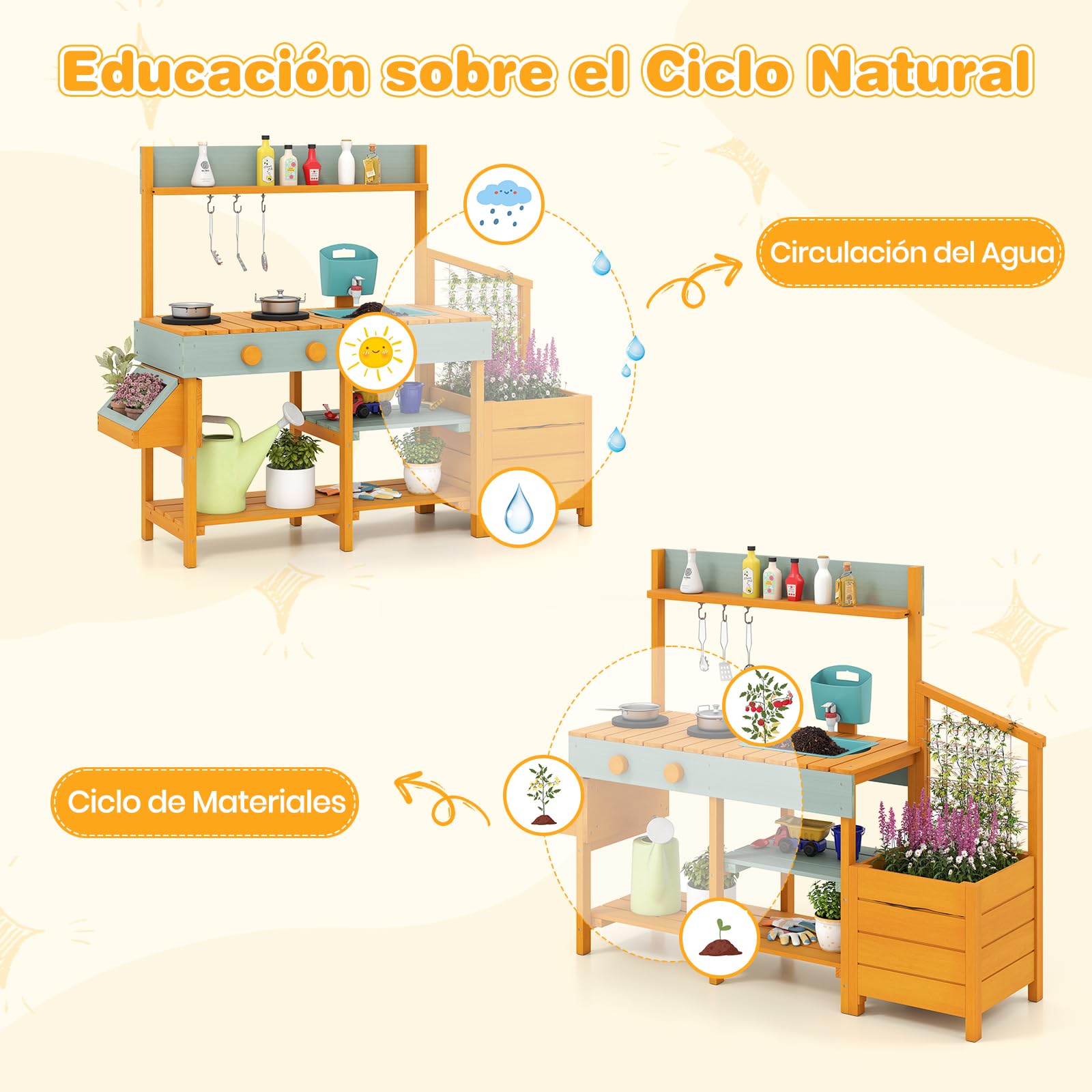 COSTWAY Cocina Juguete Exterior, Cocinita Infantil de Madera con Jardinera y Enrejado, Cocina de Barro con Fregadero Extraíble, Grifo, Fogones, Depósito de Agua para Niños de 3-8 Años (Amarillo)