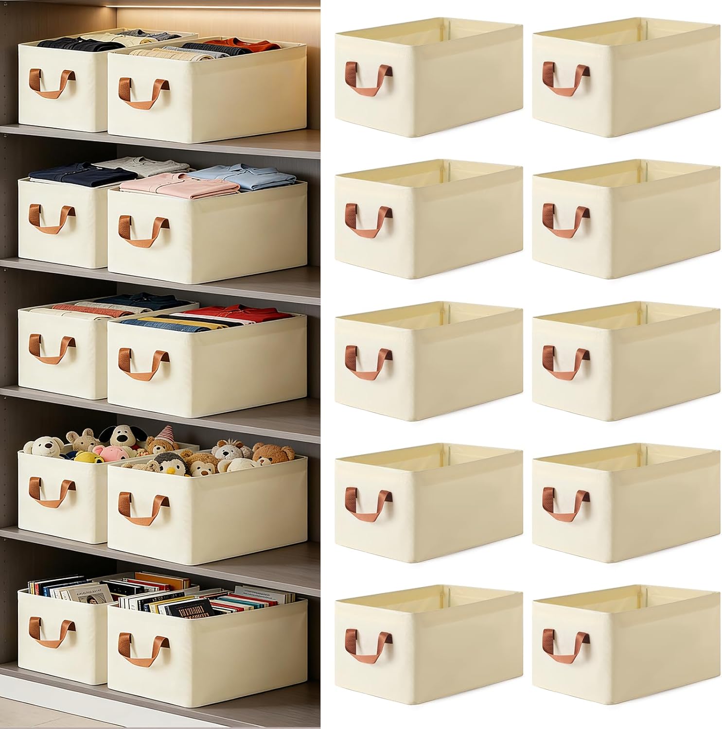 10 Pack Fabric Storage Bins for Shelves, Medium Closet Organizer Baskets with Sturdy Handles, Collapsible Clothes Bins for Closet Organization, Beige 15"x10"x8"