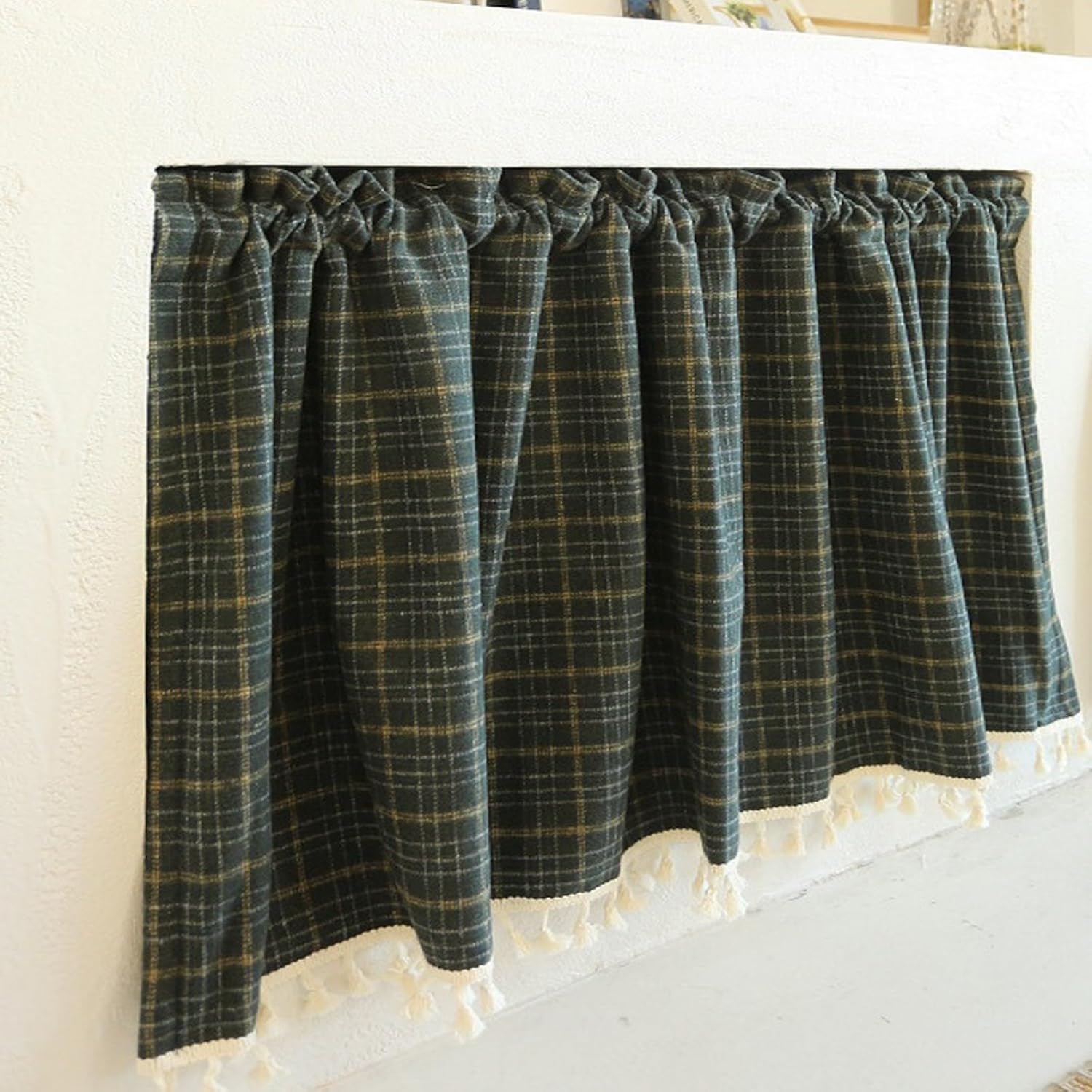 A.Monamour Short Curtain for Small Window Heavy Thick Fabric Blackout Dark Green Check Plaid Gingham Window Valance Panel Drapes Half Curtain for Kitchen Café Bedroom Cabinet Curtain Door Curtain