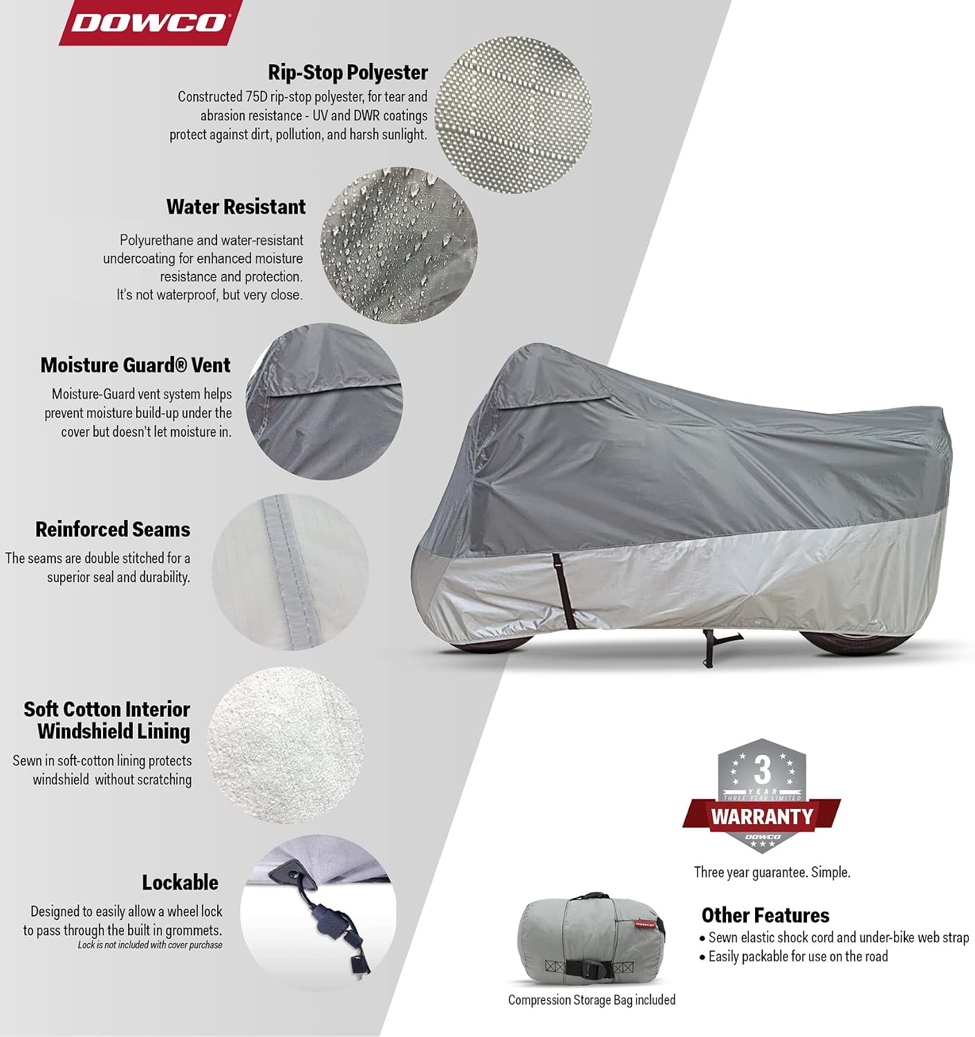 Dowco Guardian 26045-00 Ultralite Plus Water Resistant Indoor/Outdoor Motorcycle Cover: Grey, Adventure Touring