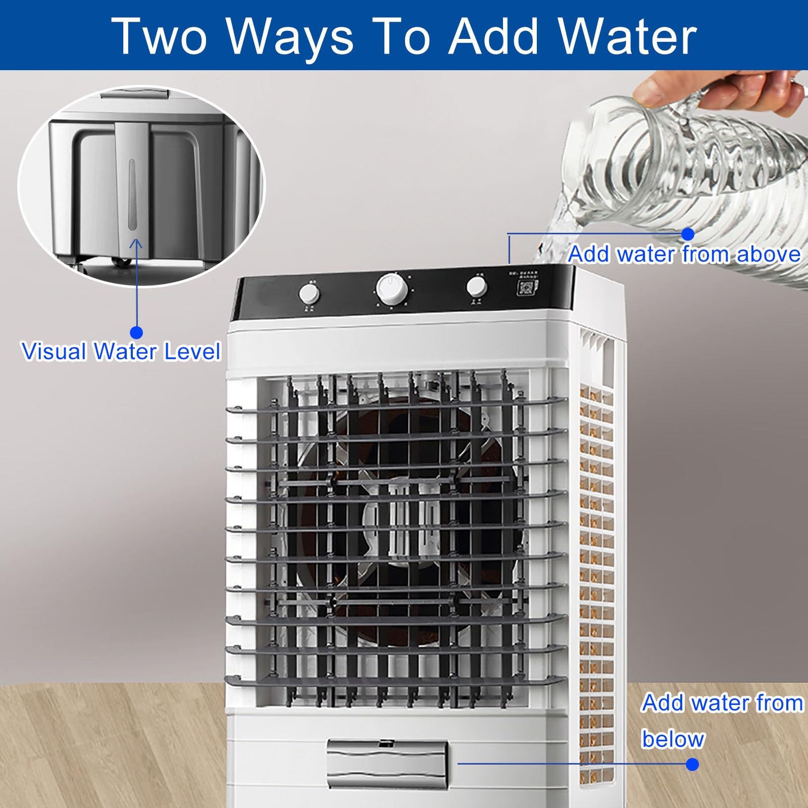 Condizionatore Portatile,Ventilatore evaporativo Commerciale, condizionatore Portatile 3 in 1 con Serbatoio dell'Acqua da 50 Litri, umidificatore, 3 velocità, Include 6 contenitori per Il GH