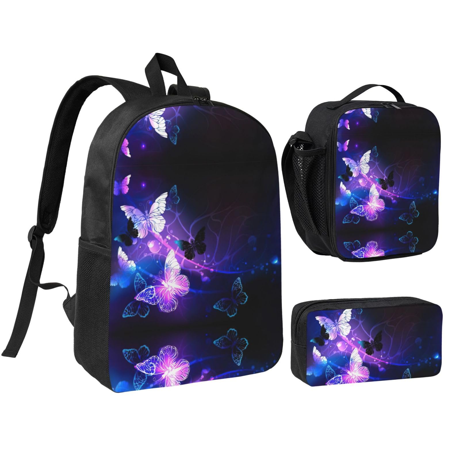 Mochila de mariposas nocturnas 3 en 1 con fiambrera y estuche escolar negro de 17 pulgadas 8