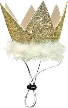 Huxley & Kent Party Crown Hat for Dogs & Cats, Gold, Small | Feathered Trim with No Mess Glitter, SnugFit Straps & Toggle, Soft & Comfy, Perfect for Birthdays & Photos