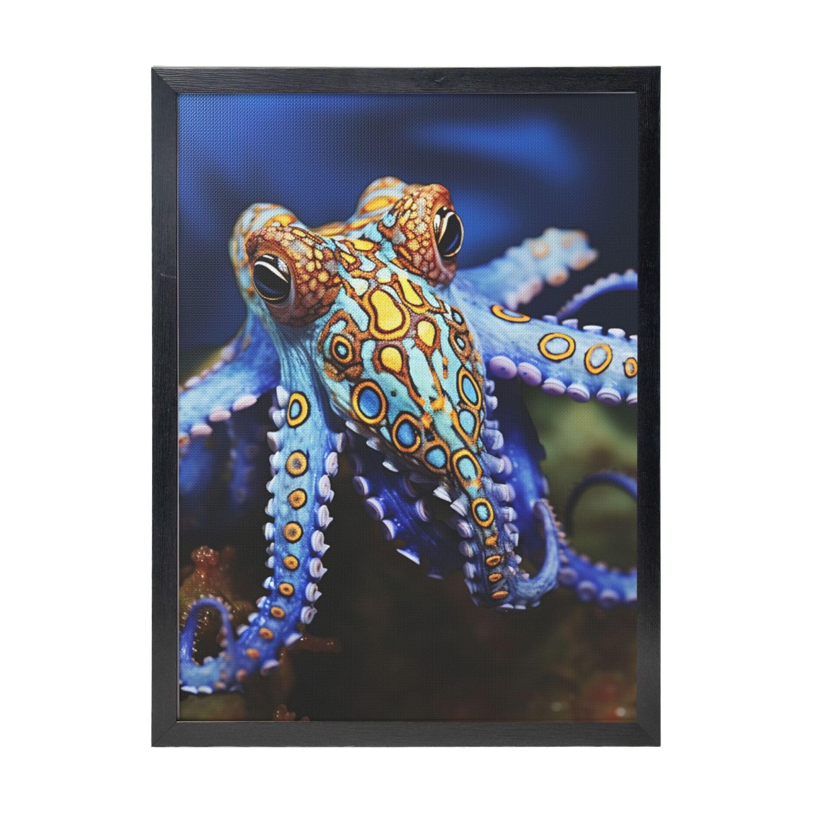 Framed Wall Art - Decorative Canvas Painting Blue Ringed Octopus Pictures Poster Aesthetic Modern Prints Artwork for Bedroom Office Wall Decor Ready To Hang 12x16 in