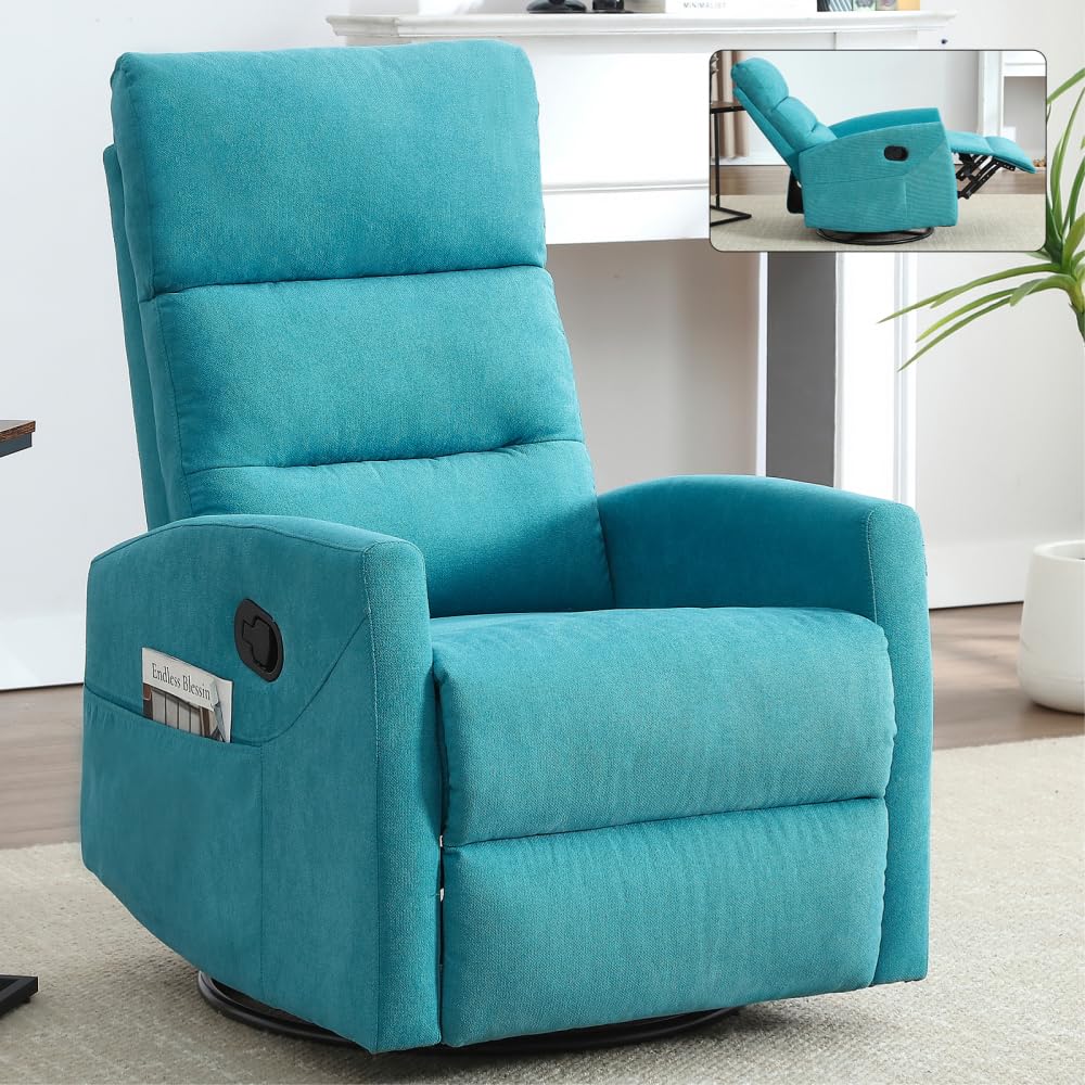 manual recliner chair with rocker and swivel, comfy soft fabric for living room, blue