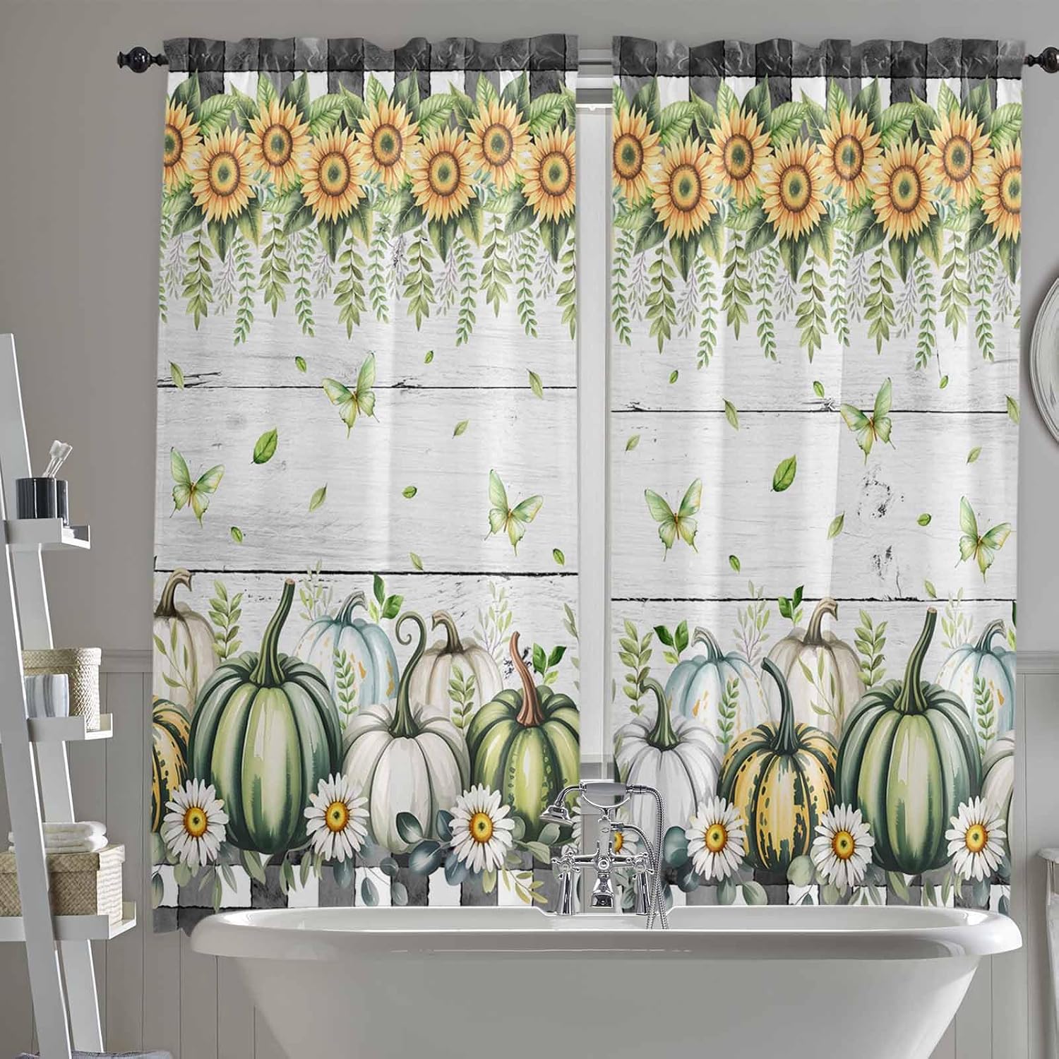 Green Pumpkin Fall Kitchen Curtains, Thanksgiving Sunflower Daisy Gray Wood Plaid Light Filter Window Curtain, 2Pcs Rod Pocket Window Treatments Set for Living Room Bathroom Bedroom 52x72 Inches