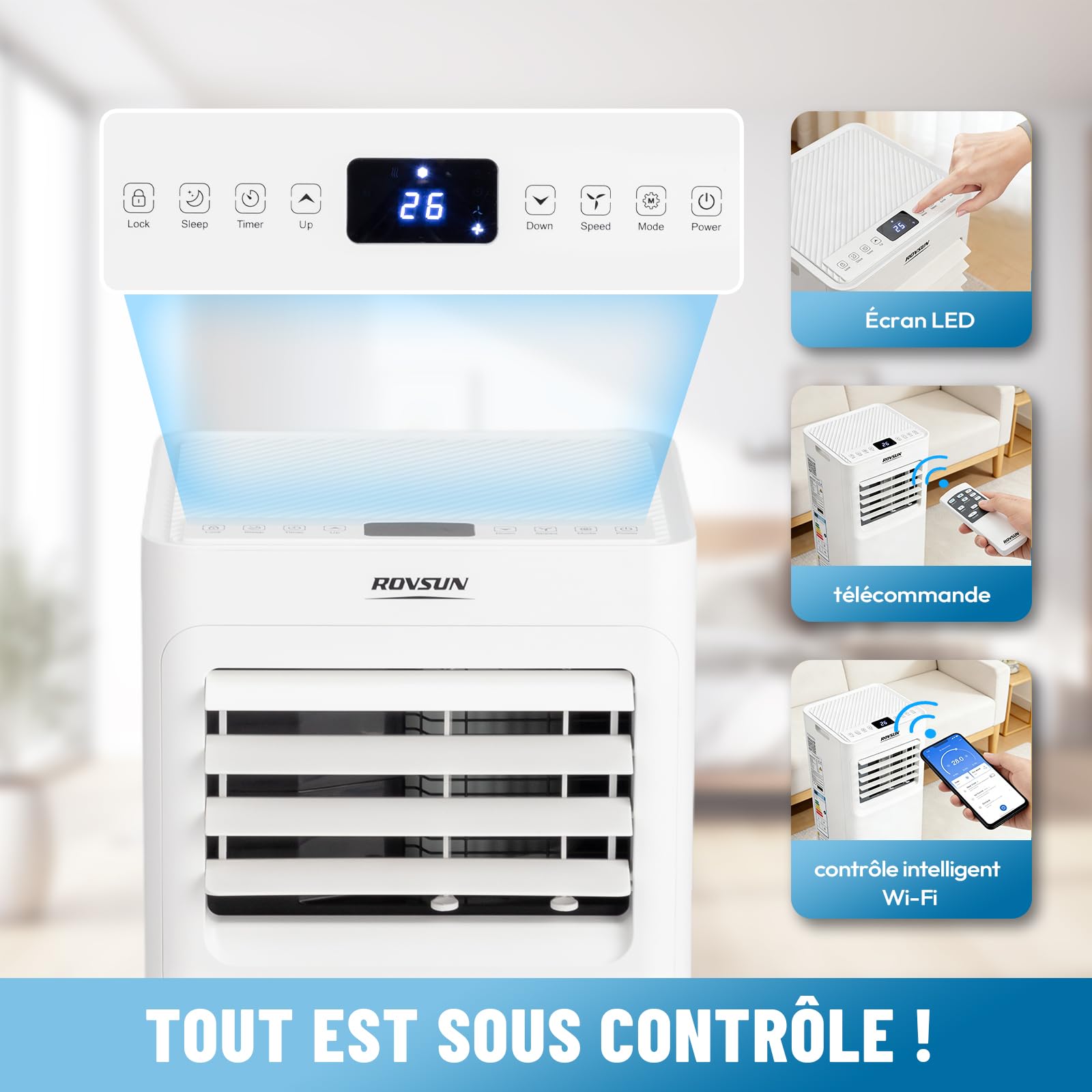 ROVSUN Climatiseur Mobile 7000 BTU 4 en 1 – Rafraîchissement, Ventilation, Déshumidification, Mode nuit Silencieux <65 dB, Minuterie 24h, Roulettes 360°, Télécommande + Wi-Fi, 20 m², Blanc, classe A