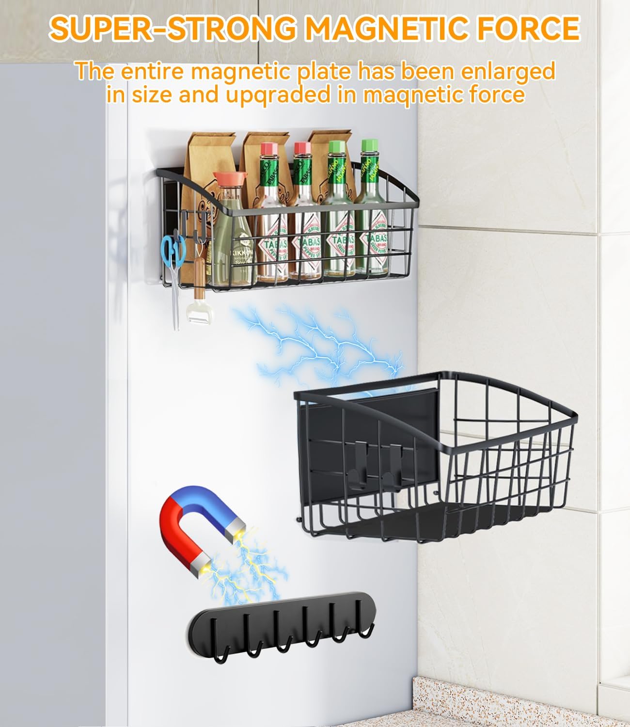 2Pack Magnetic Shelf for Refrigerator, with 2 Moveable Hooks and 1 Hook Rack, Magnetic Fridge Shelf, Fruit Potato Onion Storage Shelves, Large Magnetic Spice Rack Organizer for Fridge, Oven, Laundry