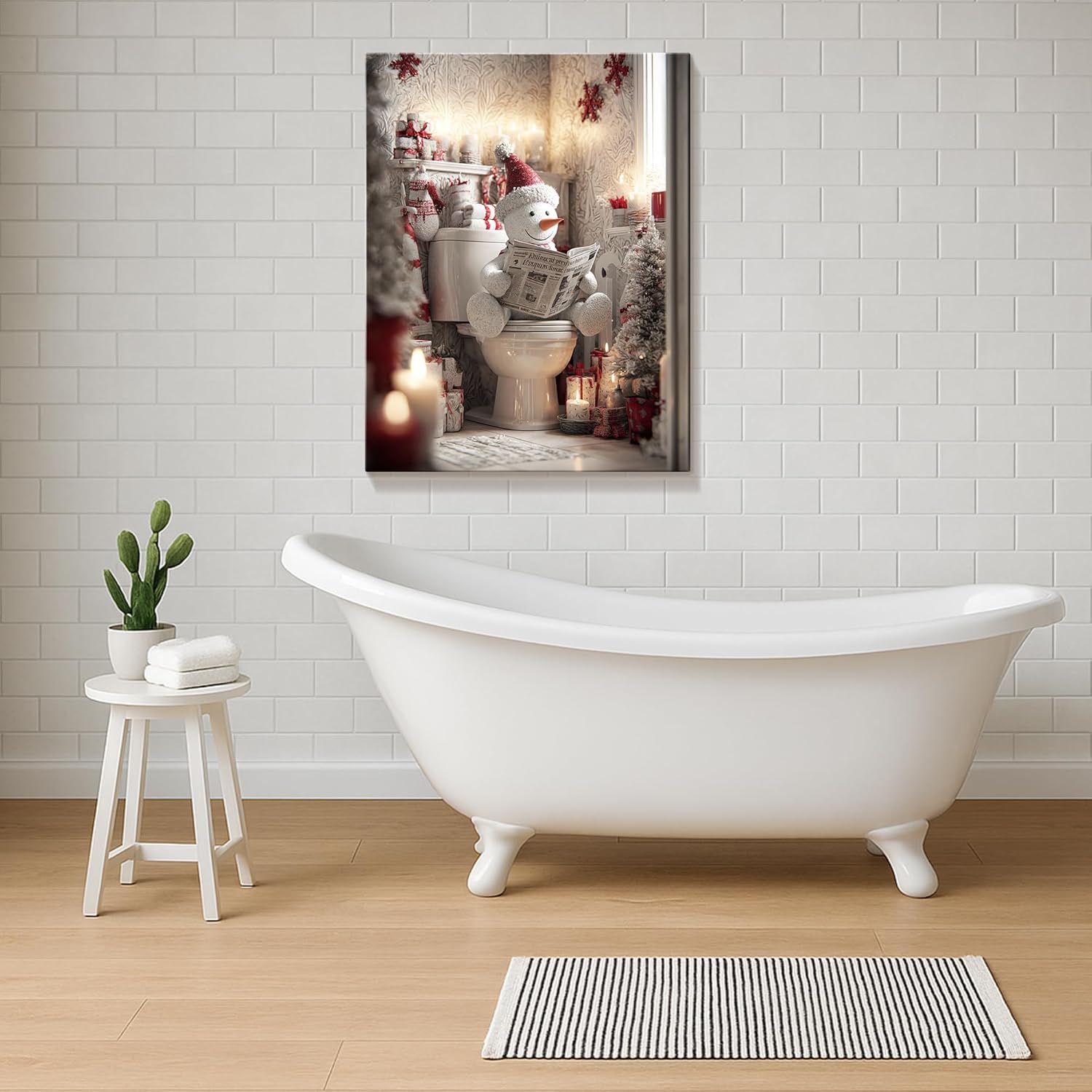 Funny Snowman Christmas Canvas Wall Art, Snowman Reading on Toilet Canvas Prints Framed, Humorous Christmas Bathroom Wall Decor(F2) 24x36in