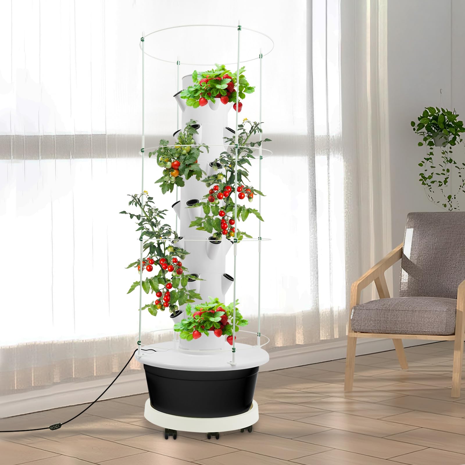 Hydroponic Tower Garden 28 otworów, 7 poziomów, zestaw do uprawy roślin ogrodowych z ramą podporową do wspinaczki, pompą zanurzeniową i programatorem czasowym, do kwiatów, warzyw (czarny