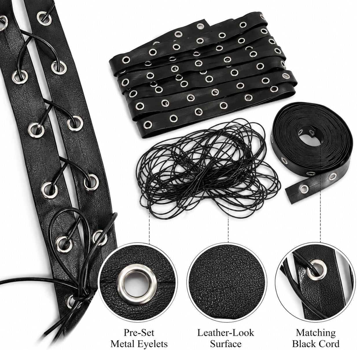 Black Leather Grommet Tape with Cord