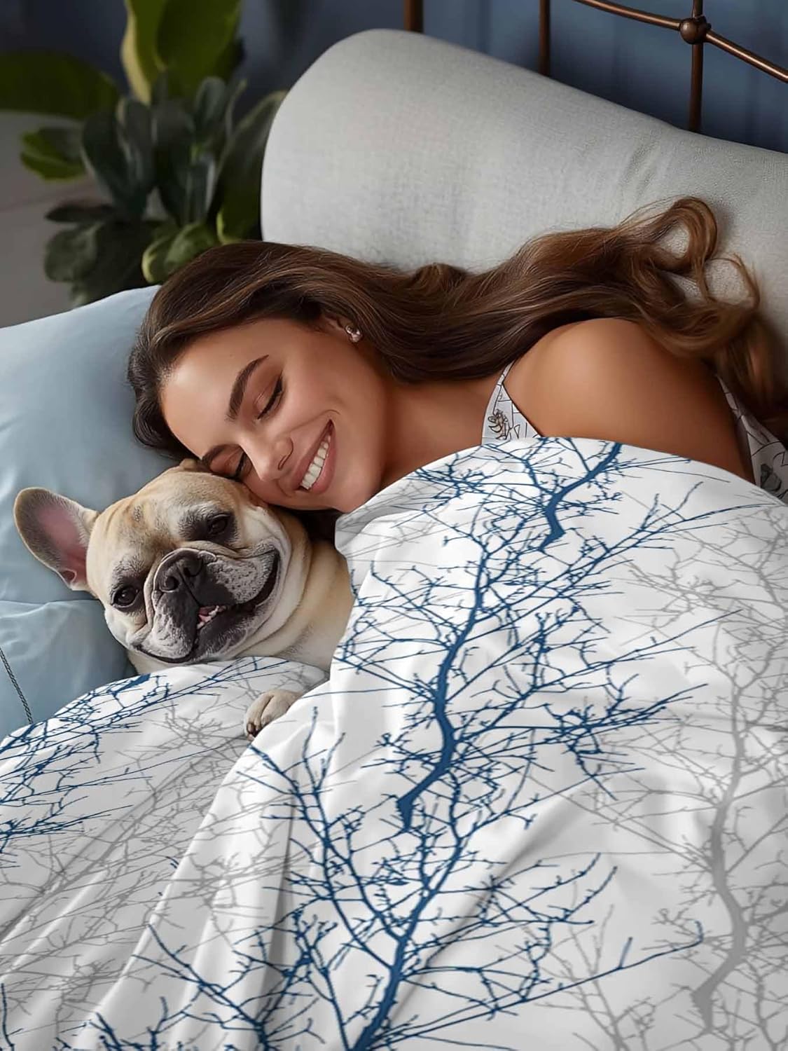 Top Sheet Full Bedding Flat Sheet Only, Blue Gray Tree Branch on White Microfiber Bed Sheets Soft Breathable Bedding Flat Sheets, Botanical Seamless Plant Texture Hotel Luxury Top Sheets