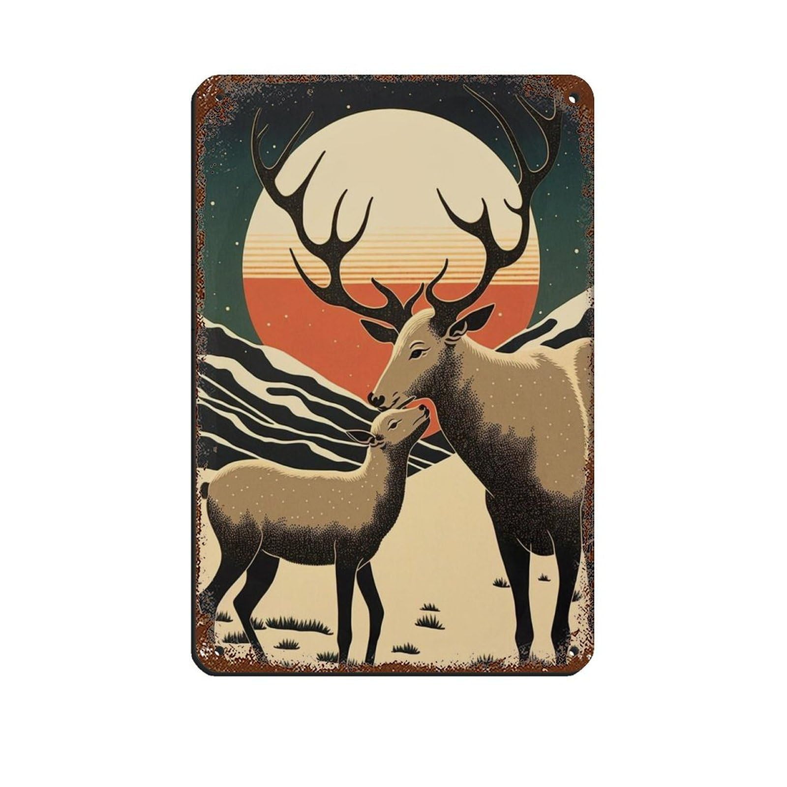 Mama Reindeer And Baby Reindeer, Retro Poster Metal Tin Sign Chic Art Retro Iron Painting Bar People Cave Cafe Family Garage Poster Wall Decoration 8x12inch(20x30cm)