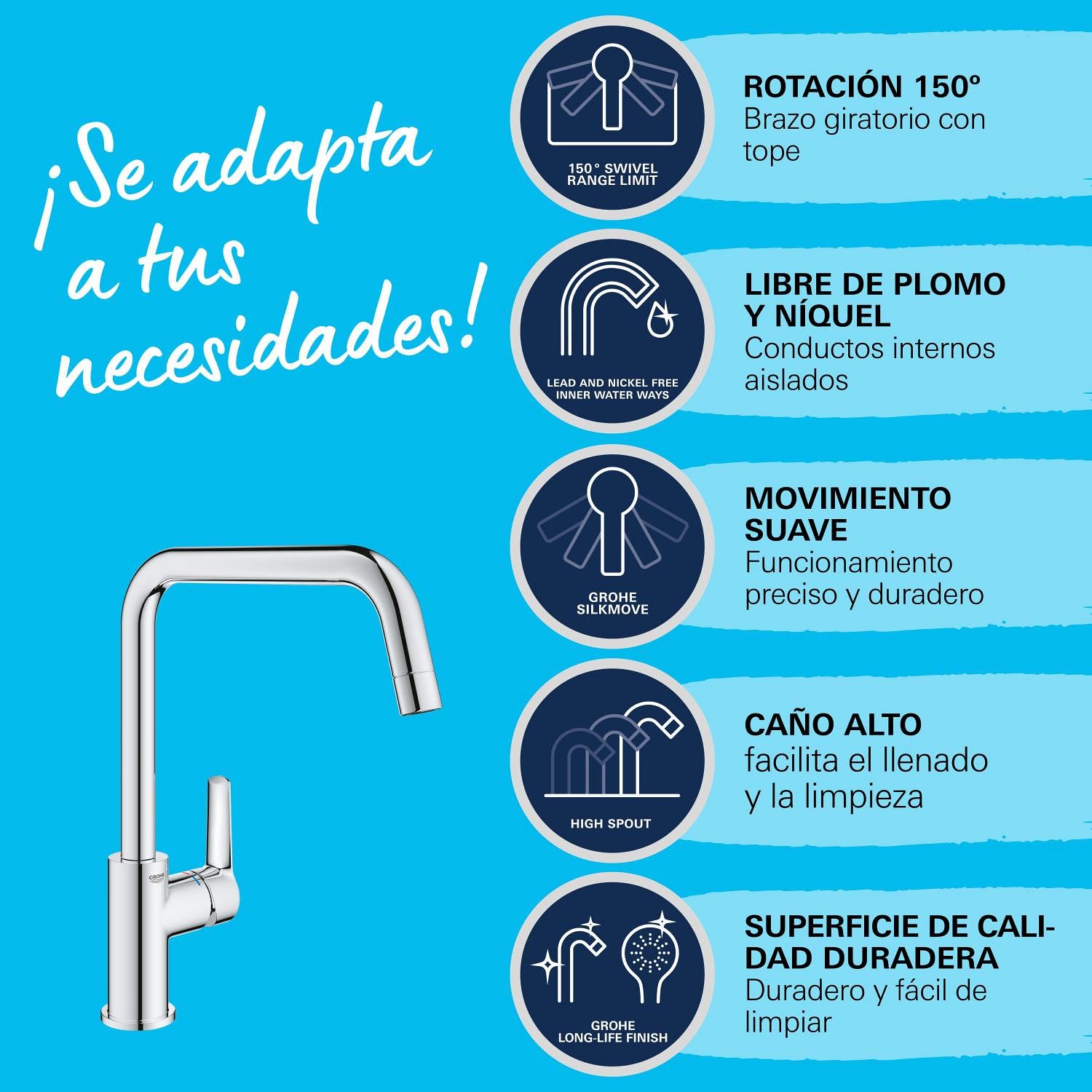 GROHE Start QuickFix, Grifo de cocina (caño alto en U, giro de 150º, menor consumo de agua, sistema de instalación rápida), cromo, 30470000