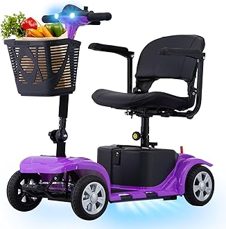 Mobility Scooter for Seniors, Adults, 4 Wheels Removable Electric Powered Chargeable Device, Foldable and Portable, with LED Headlights and Basket, Charger Include (Purple/Black)