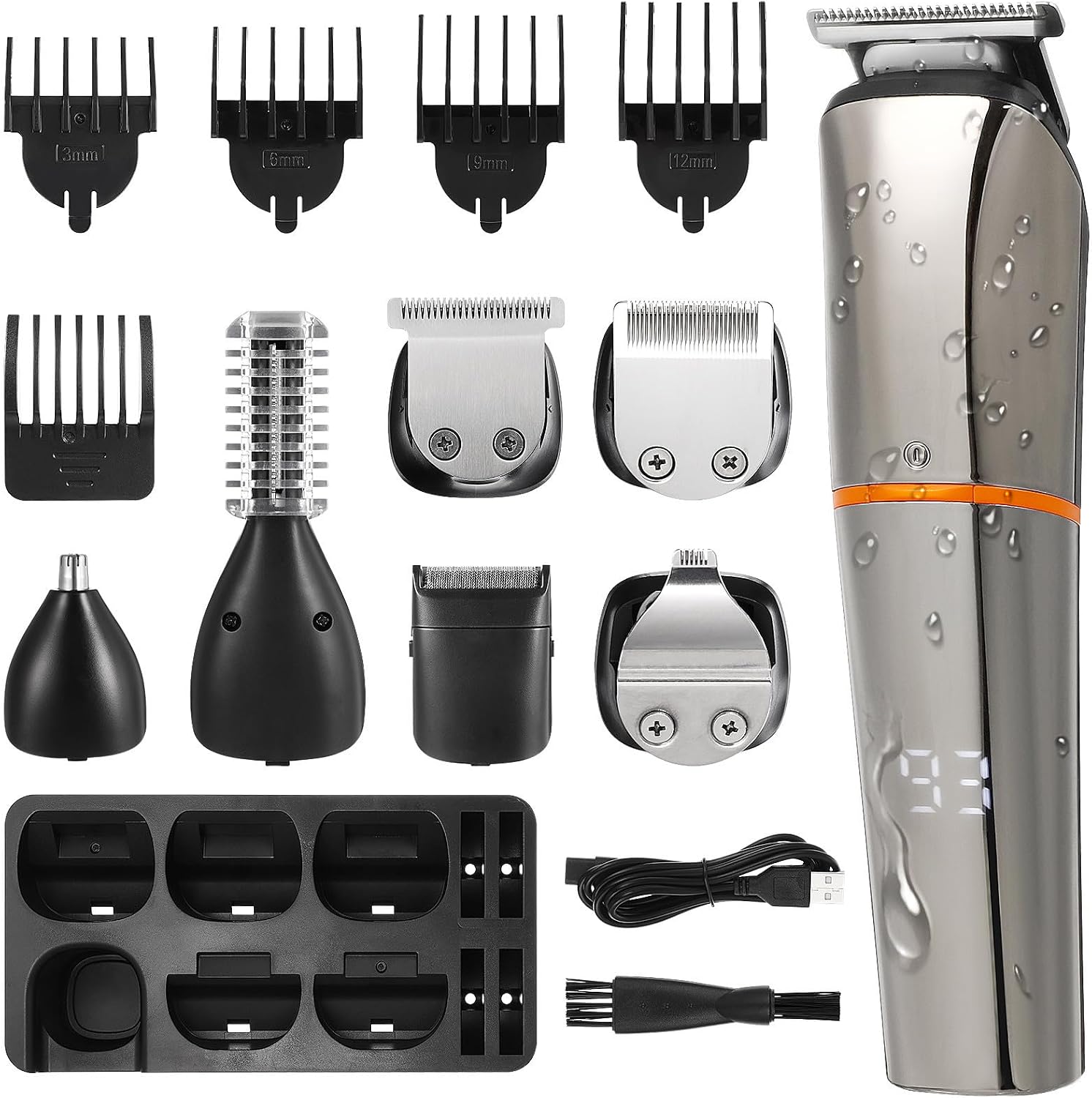 FOMIYES 6-in-1 Multi-Functional Cordless Beard Trimmer Kit for Men with LCD Display, Detachable Blades, 1000mah Rechargeable Battery, Abs and Stainless Steel Material, for Home Use