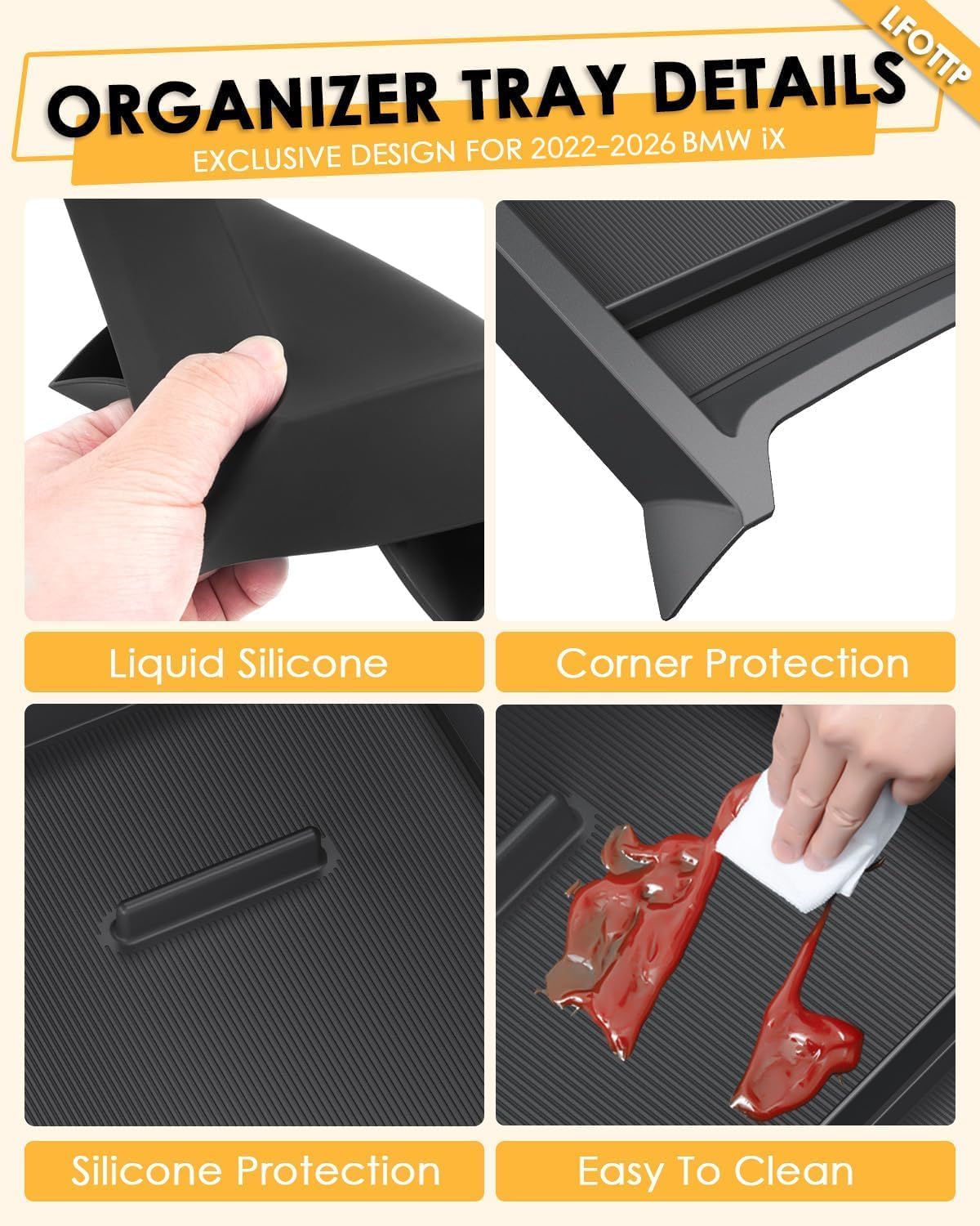 For BMW iX Lower Console Tray - Compatible with 2022-2026 BMW iX45 Center Console Organizer with Anti-Slip Thick Liquid Silicone Mat - Black [Food Tray for Car] [2-Compartment][2026 Patented Design]