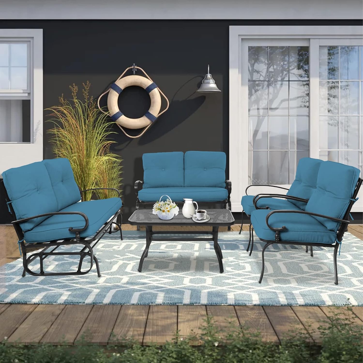 Oakcloud 5-Piece Outdoor Metal Furniture Sets Patio Conversation Set Wrought Iron Glider, 2 Single Chairs, Loveseat and Coffee Table, Peacock Blue