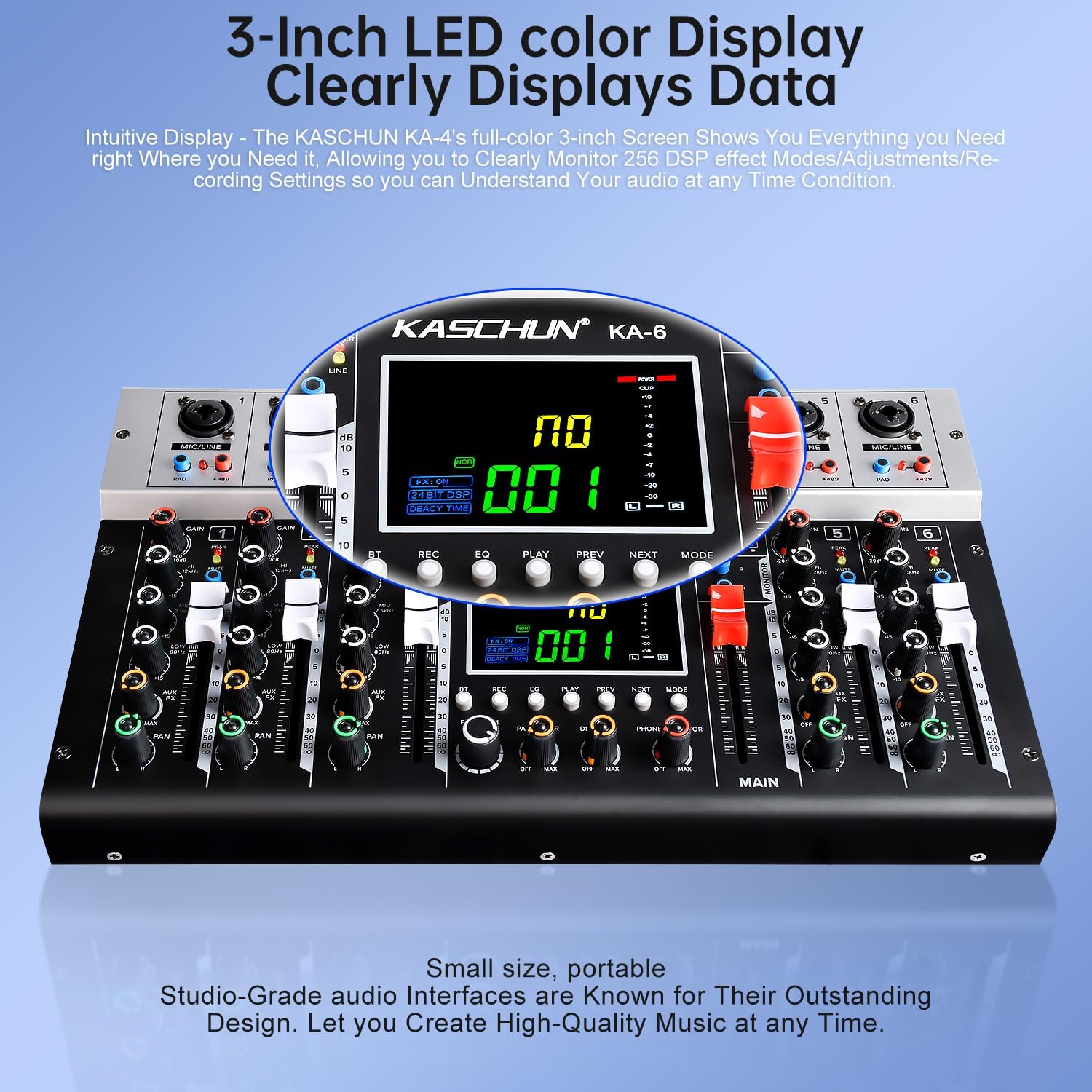 Professional 6-Channel DJ Audio Mixer for Karaoke & Podcasting, Bluetooth Mixing Console with USB MP3 Input 256 DSP Effects 48V Phantom Power for Live Streaming & Home Recording (KA-6)