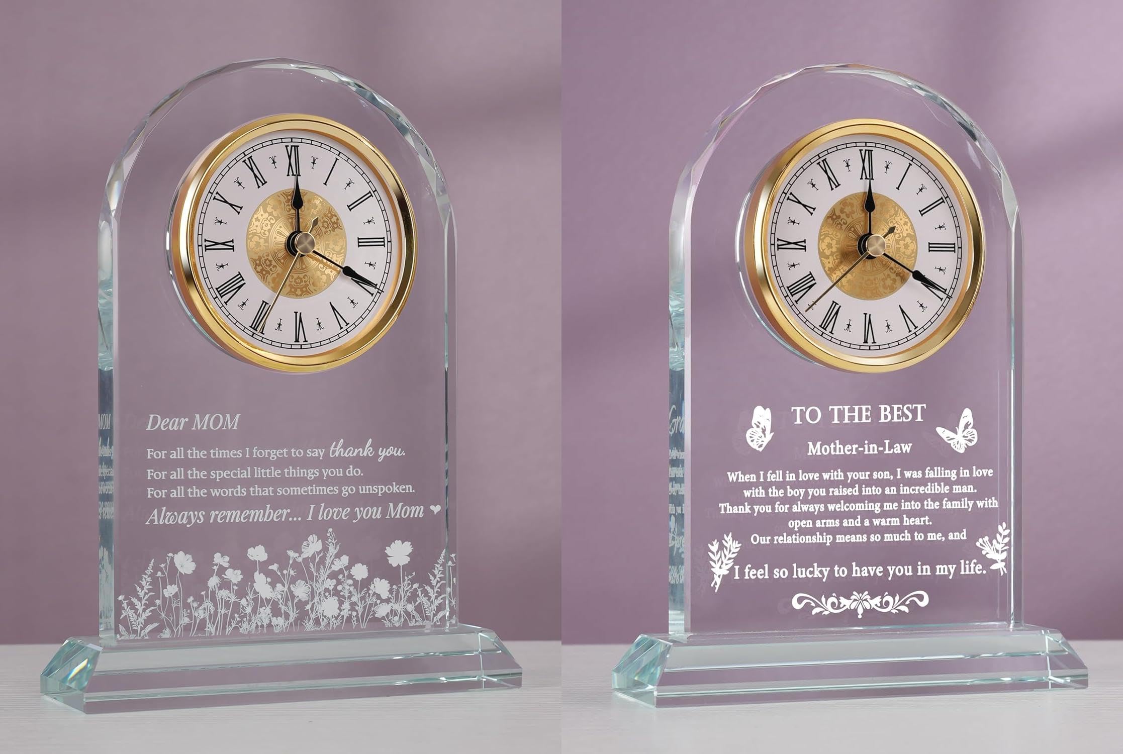 Glass Clock Gift for Mom, Mother-in-Law – Unique Mother’s Day/Birthday/Christmas/Thanksgiving Present from Daughter or Son, Elegant Desk Clock with Base for Women Who Have Everything