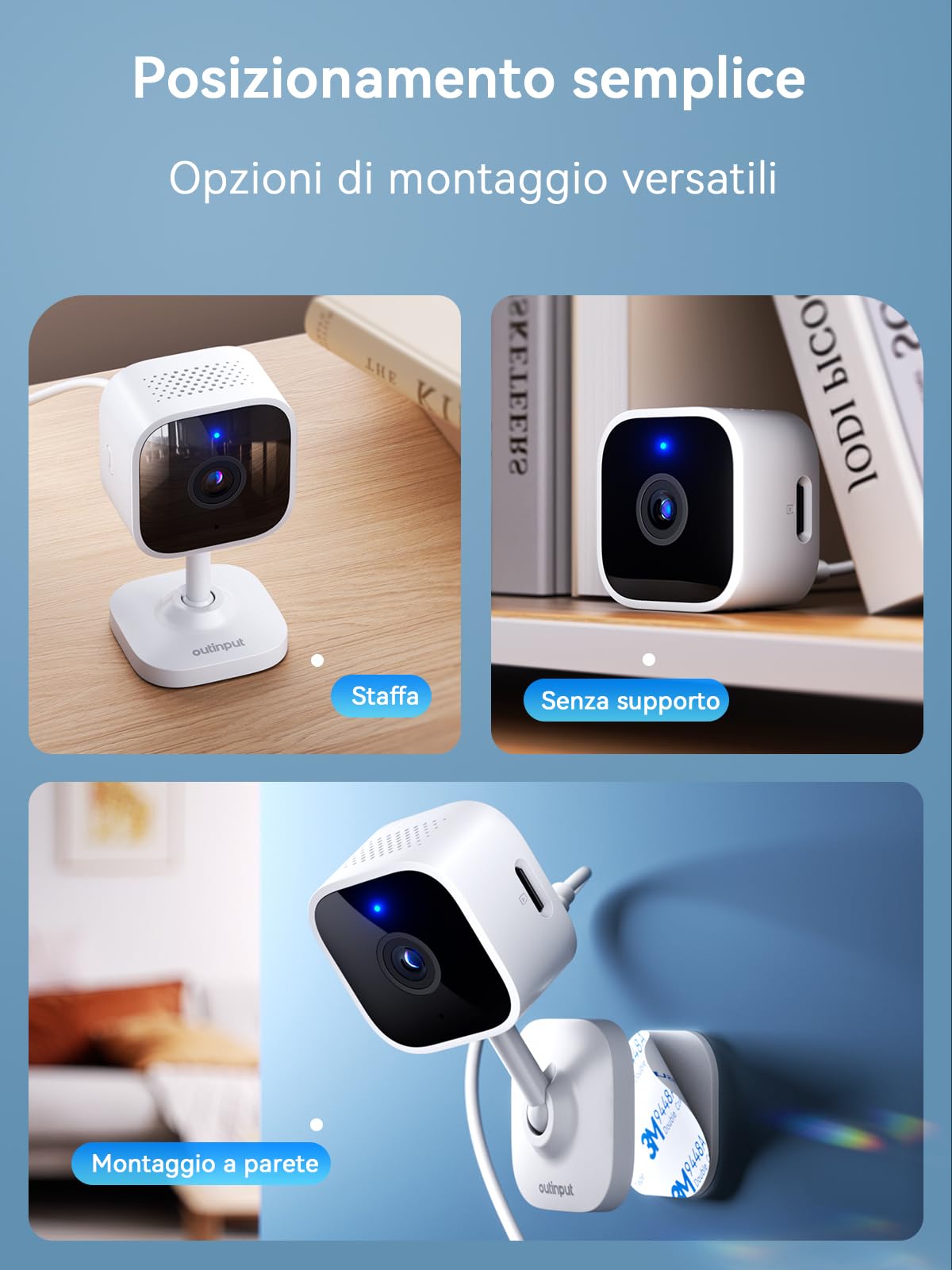 Outinput Telecamera Wi-Fi Interno 2K 3MP, Videocamera Sorveglianza, Baby Monitor, Visione Notturna, Rilevamento di Movimento e Notifiche, Audio Bi-direzionale, Cloud o Archiviazione Locale(Contiene 2)