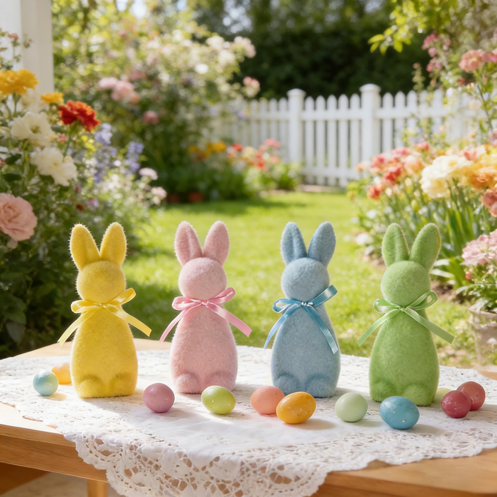 Generisch Adorno de conejo de Pascua flocado de espuma con pajarita, decoración de animales para fiestas y celebraciones, interior y exterior. Utiliza una figura de espuma