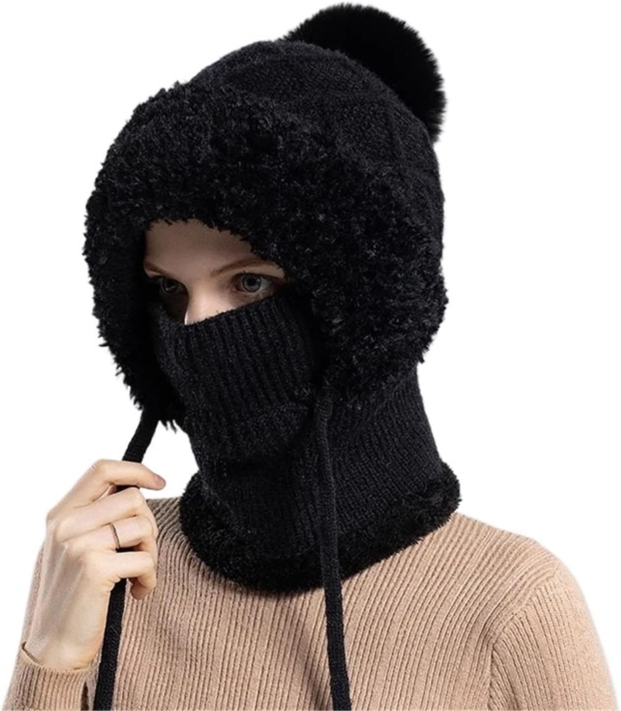 mask Women Winter Velvet Knitted Woolen Balaclava Hat Ear Protection Fluffy Mask Neck Integrated Warmth Cover Lady Hooded Cap