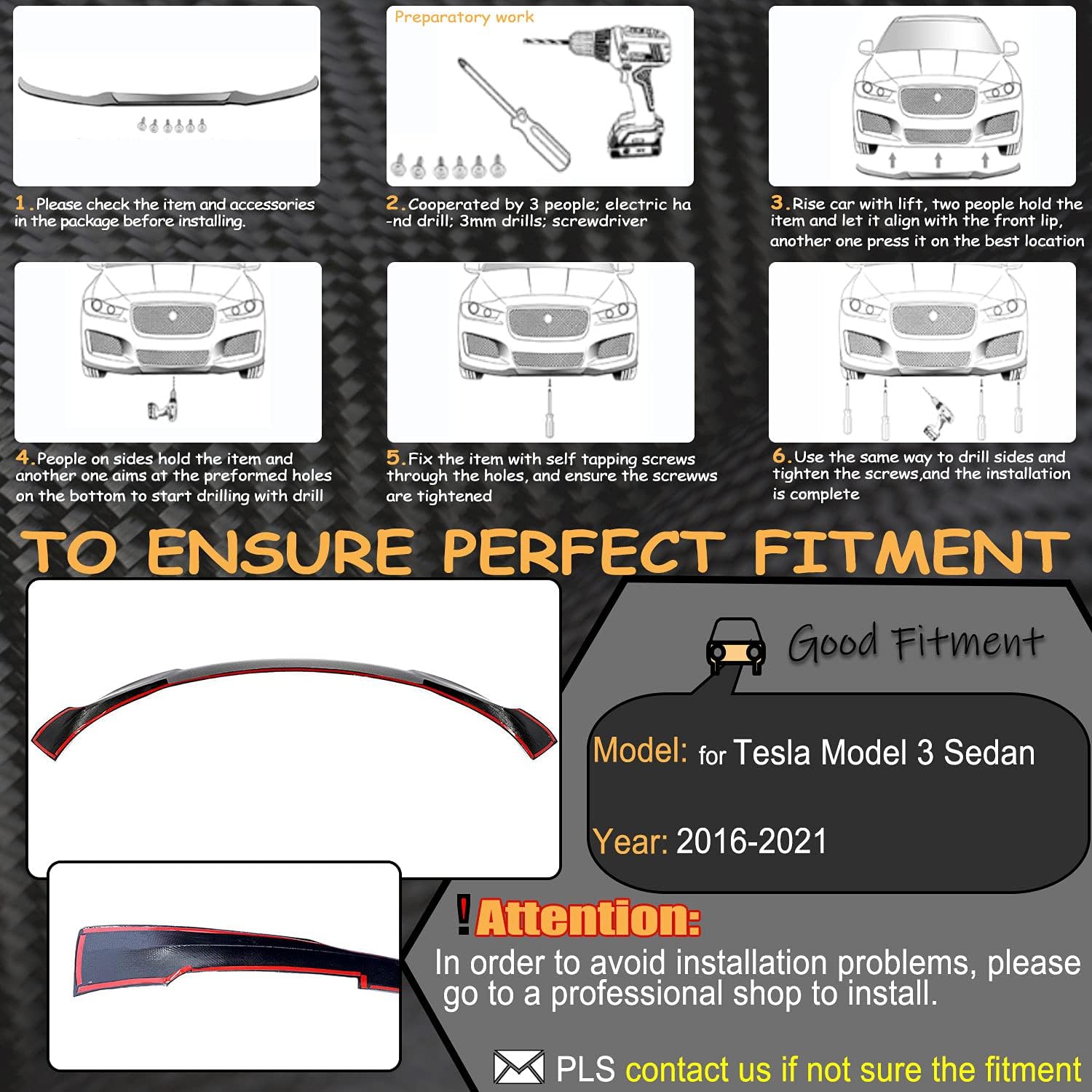 MCARCAR KIT Carbon Fiber Front Bumper Lip Fits for Tesla Model 3 Sedan 2016-2022 Chin Spoiler Splitter Protector Add-on Factory Outlet (Style A, Carbon Fiber)