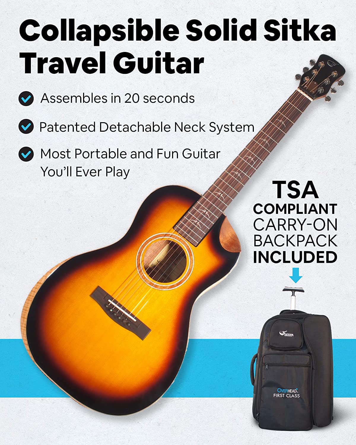 Journey Instruments Solid Sitka Travel Guitar – FP412-13BC Traveling Acoustic-Electric Collapsible Guitar – Portable Backpack Case (Sitka/Solid African Mahogany Parlor Burst)